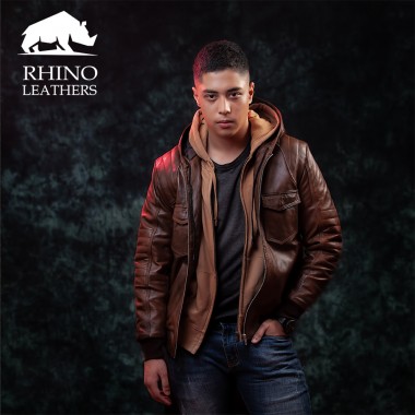 Men's Hoodie Bomber Leather Jacket  - RMJ 073