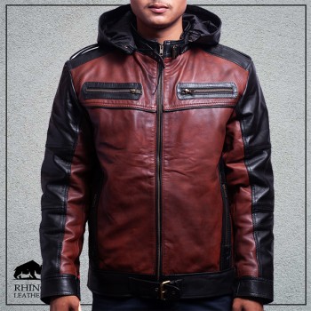 Men's Contrast Hooded Leather Jacket (RMJ 132)