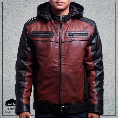 Men's Contrast Hooded Leather Jacket (RMJ 132)